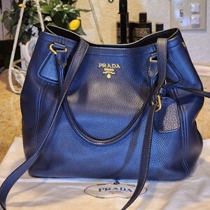 Prada Navy Blue Leather Tote Bag